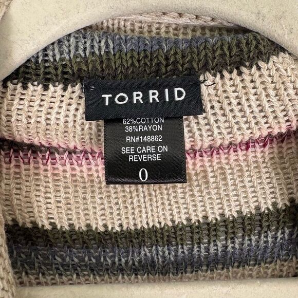 Torrid Tan with Grey & Maroon Striped Drape Cardigan Sweater Size Large - Picture 4 of 10